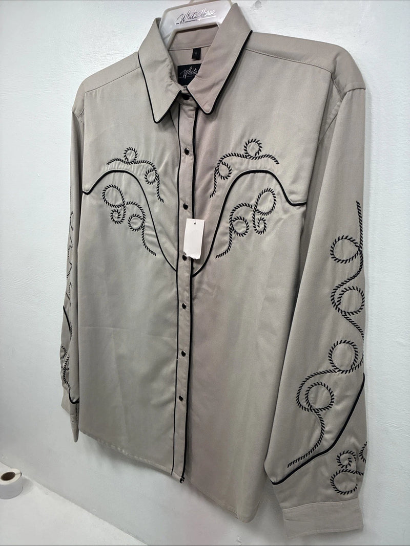 New Women’s White Horse Tan Design Long Sleeve Pearl Snap Large LL-29