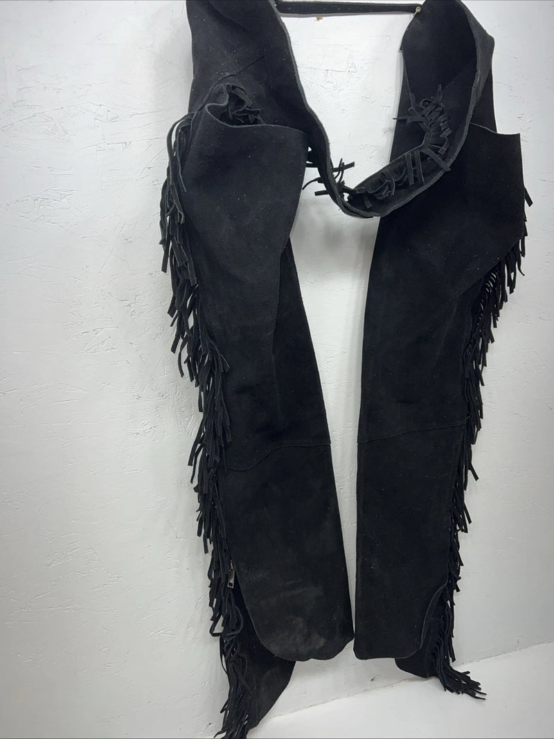 NOS Black Show Chaps With Fringe Adjustable Waist 46” I-69