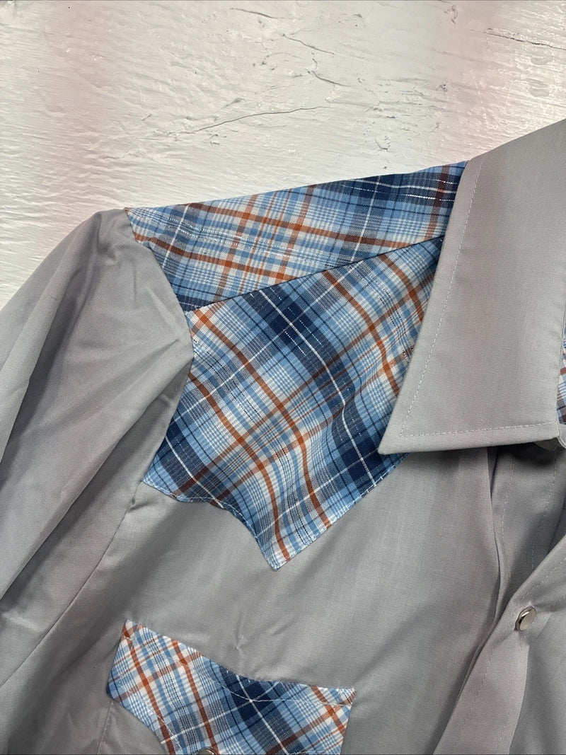 New Kids Champion Western Gray Plaid Long Sleeve Pearl Snap Size 18 CC-107