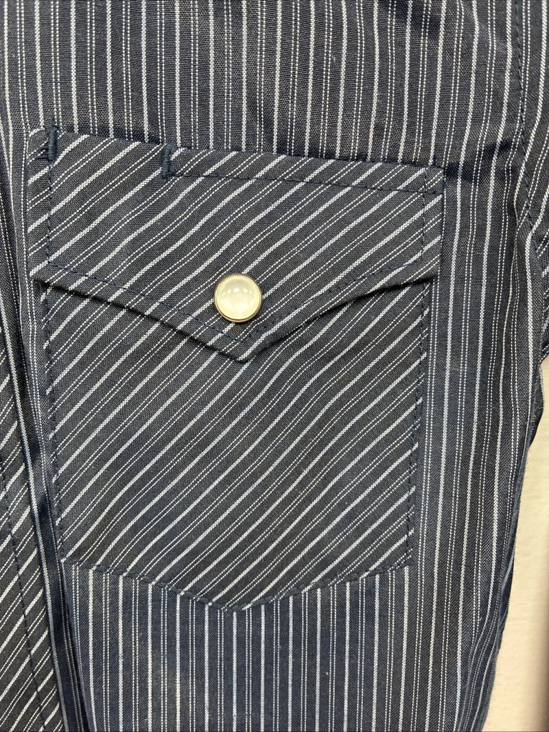 New Kids White Horse Blue Stripe Long Sleeve Pearl Snap Small DD-137