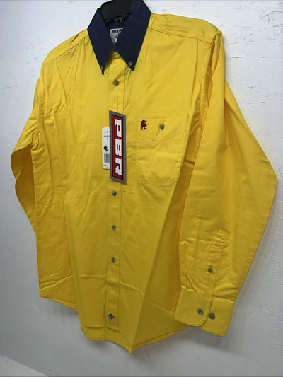 New Men’s Wrangler PBR Denim Collar Yellow Long Sleeve Button Up Small A-202
