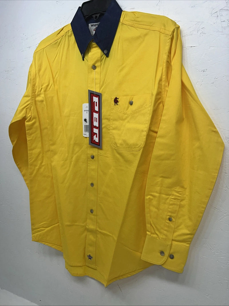 New Men’s Wrangler PBR Denim Collar Yellow Long Sleeve Button Up Small A-202