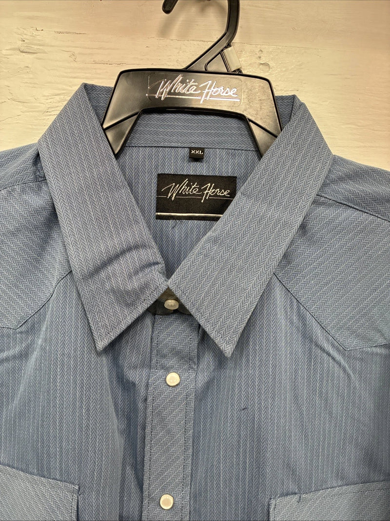 New Men’s White Horse Blue Long Sleeve Pearl Snap 2XL H-26