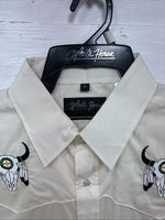 New Men’s White Horse Yellow Bull Design Long Sleeve Pearl Snap Large CC-33