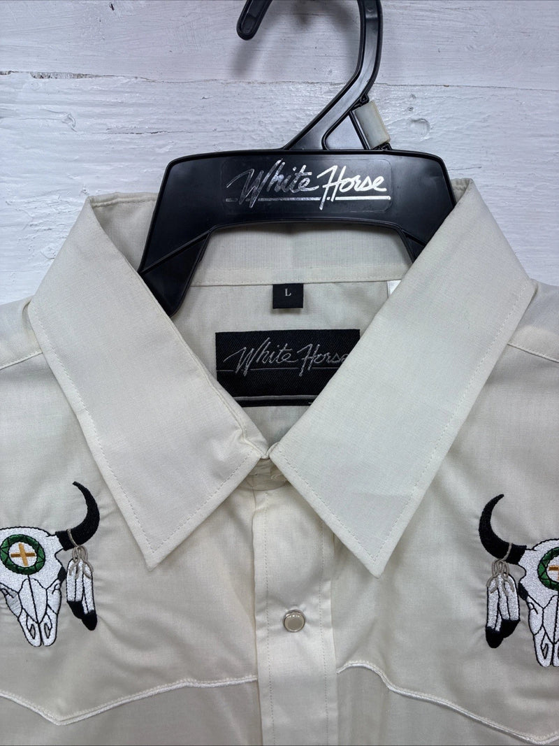 New Men’s White Horse Yellow Bull Design Long Sleeve Pearl Snap Large CC-33