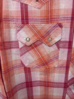 New Women’s Cumberland Pink Orange Plaid Long Sleeve Pearl Snap Large II-106