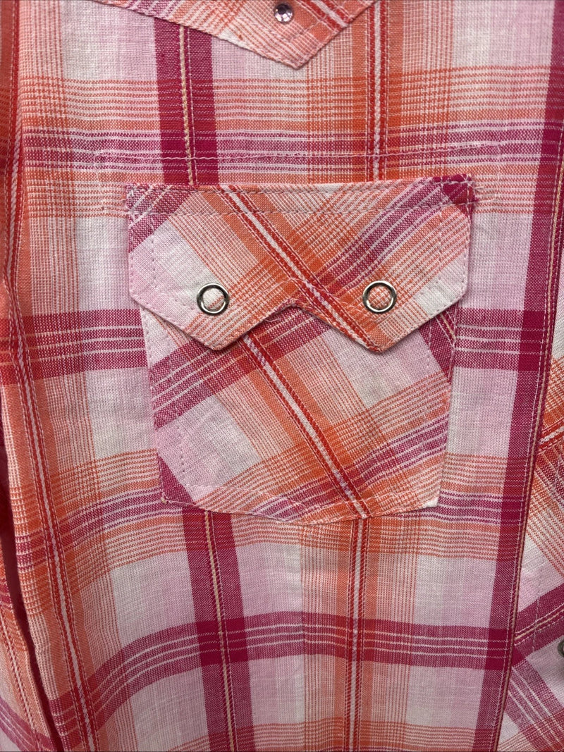 New Women’s Cumberland Pink Orange Plaid Long Sleeve Pearl Snap Large II-106