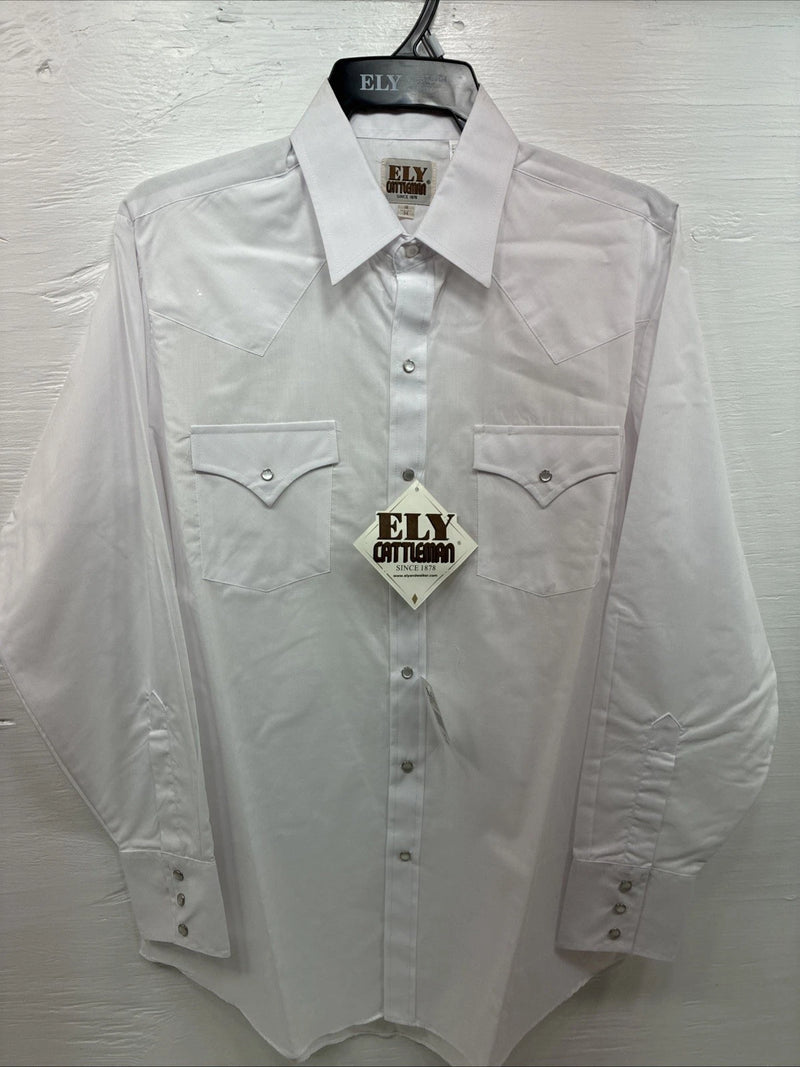 New Men’s ELY Cattleman Western White Long Sleeve Pearl Snap 16 Large V-48