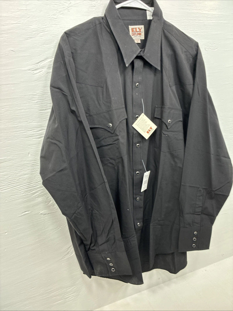 New Men’s ELY Cattleman Black Simple Long Sleeve Pearl Snap 17.5 X 35 XL J-29
