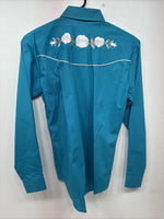 New Women’s Country Charmers Teal Rose Like Sleeve Pearl Snap Medium DD-143