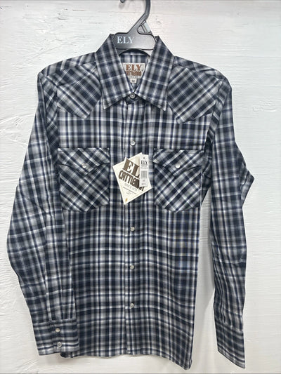 New Kids ELY Cattleman Black Plaid Long Sleeve Pearl Snap Size 14 DD-36