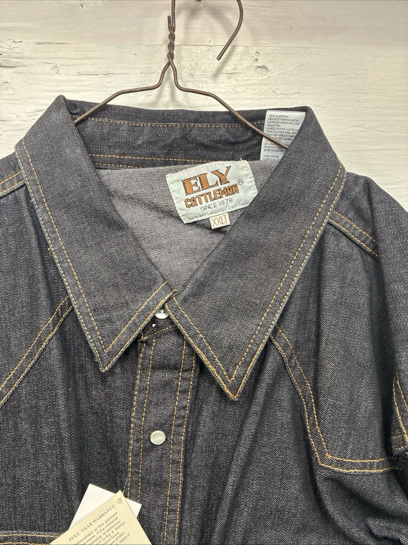 New Men’s ELY Cattleman Dark Jean Design Long Sleeve Pearl Snap Shirt 2XL H-21