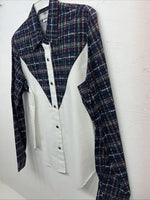 New Women’s Cowboy Threads White Navy Plaid Long Sleeve Button Up M #7906 3C-41