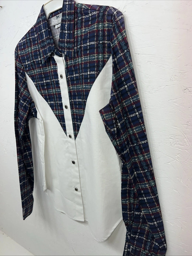 New Women’s Cowboy Threads White Navy Plaid Long Sleeve Button Up M #7906 3C-41