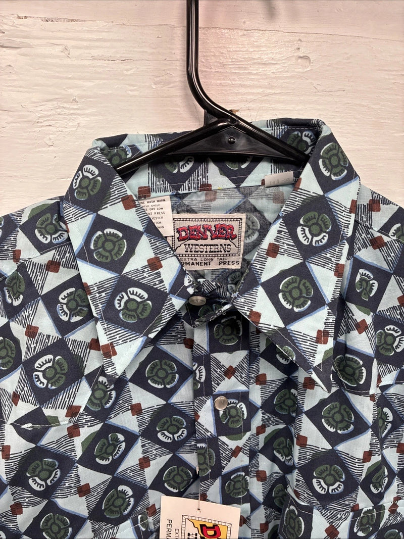 New Mens Denver Blue Design Long Sleeve Pearl Snap 14.5 Small AA-80 