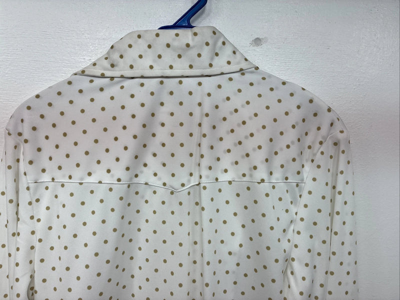New Women’s Lady DJ White Brown Polkadot Long Sleeve Pearl Snap Size 34 YY-114
