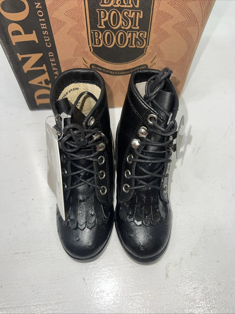 New Infant Dan Post Black Ostrich Print Lace Up Cowboy Boots. 4.5  4 1/2 D. 24-2
