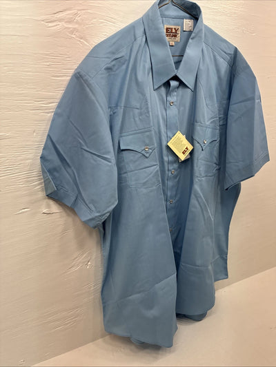 New Men’s ELY Cattleman Blue Simple Short Sleeve Pearl Snap XL F-85