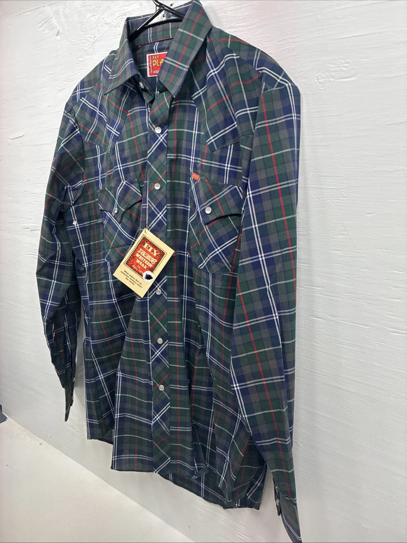 New Men’s ELY Plains Blue Green Plaid Long Sleeve Pearl Snap 15.5 Medium R-30