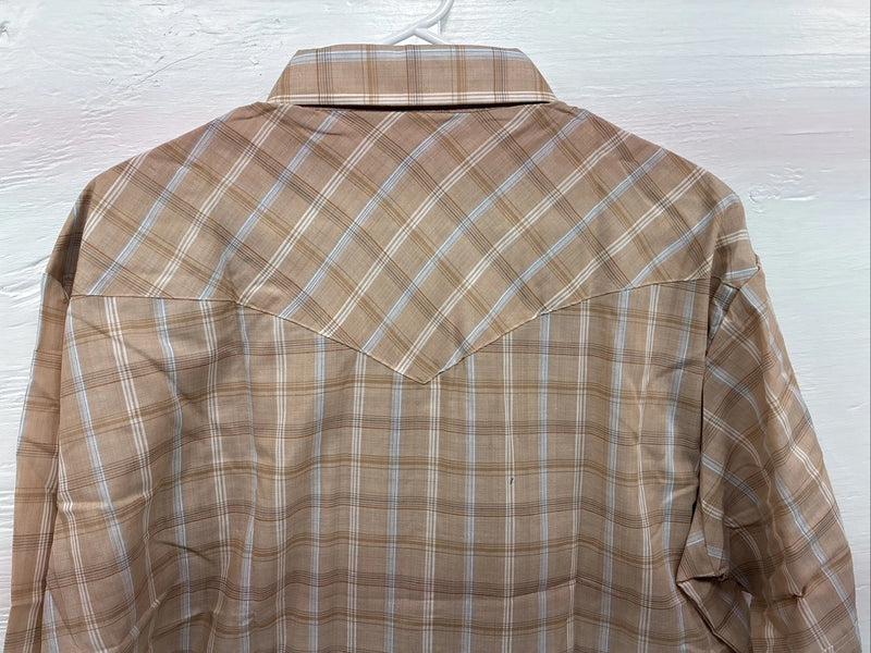 New Men’s ELY Cattleman Tan Plaid Short Sleeve Pearl Snap XL R-62