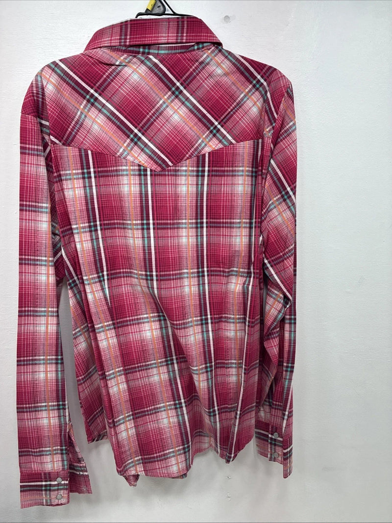 New Women’s Cumberland Pink Plaid Long Sleeve Pearl Snap Large GG-69