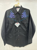 New Men’s ELY Diamond Black Purple Design Long Sleeve Pearl Snap Large V-22