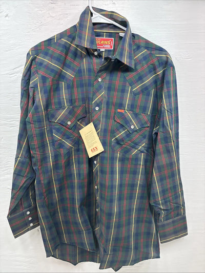 New Men’s ELY Plains Green Plaid Long Sleeve Pearl Snap 15.5 X 32 Medium R-36