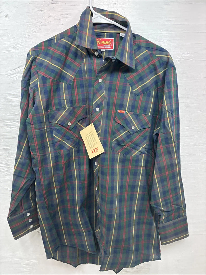 New Men’s ELY Plains Green Plaid Long Sleeve Pearl Snap 15.5 X 32 Medium R-36