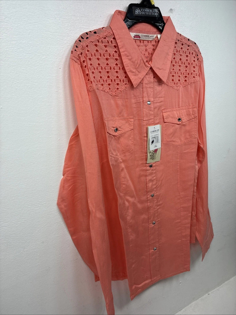 New Women’s Cumberland Pink Designed Long Sleeve Pearl Snap Large II-99