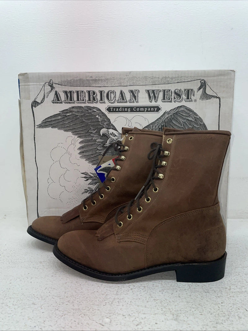 New Men’s Brown Lace Up American West Cowboy Boots. 6992 7.5 7 1/2 E W. 1-92