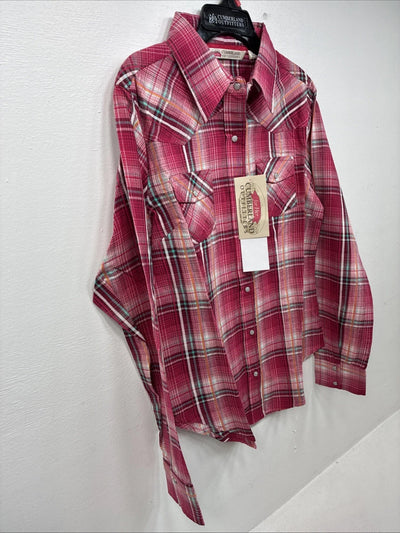 New Women’s Cumberland Pink plaid Long Sleeve Pearl Snap Small DD-98