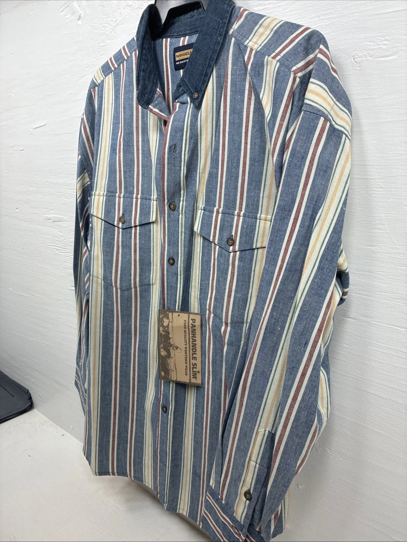 New Men’s Panhandle Slim Multicolor Stripe Long Sleeve Button Up Large Q-52
