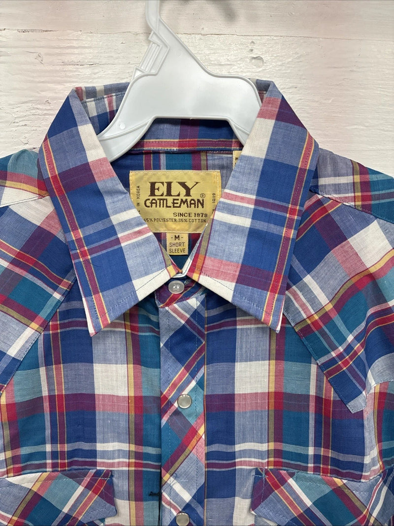 New Men’s ELY Cattleman Blue Plaid Short Sleeve Pearl Snap Medium AA-116 