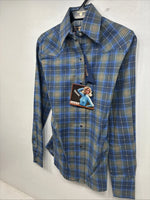 New Women’s Panhandle Slim Blue Plaid Long Sleeve Pearl Snap Size 30 KK-91