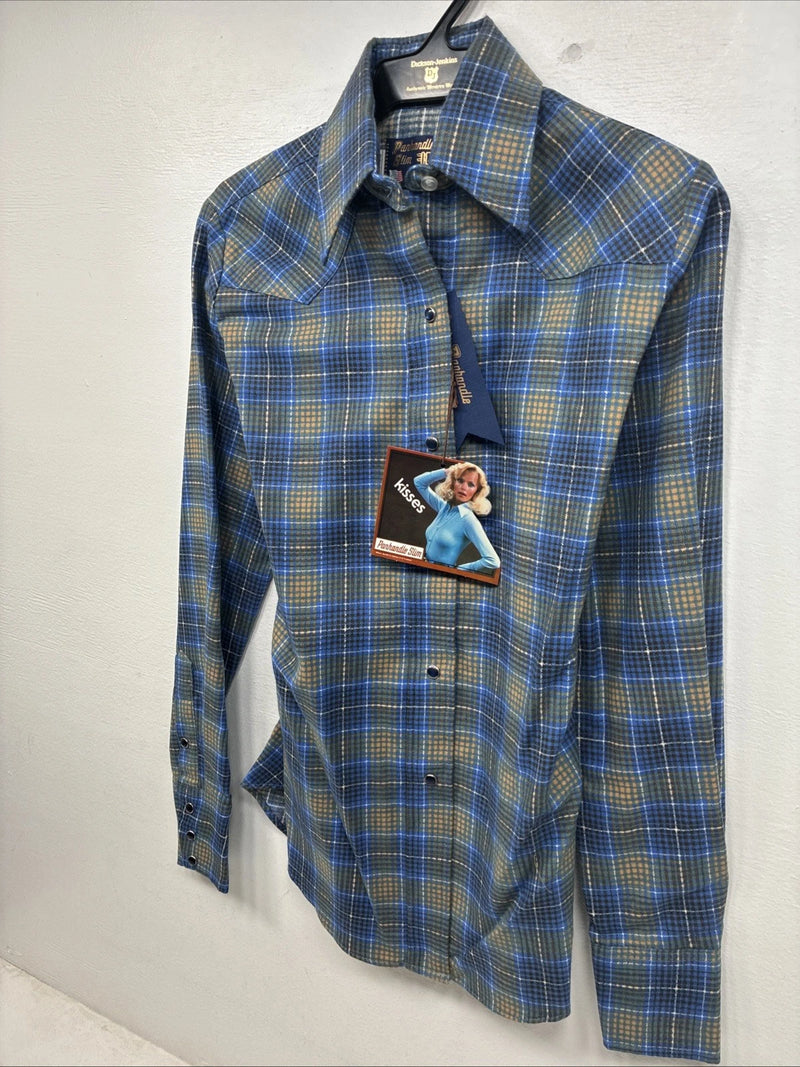 New Women’s Panhandle Slim Blue Plaid Long Sleeve Pearl Snap Size 30 KK-91