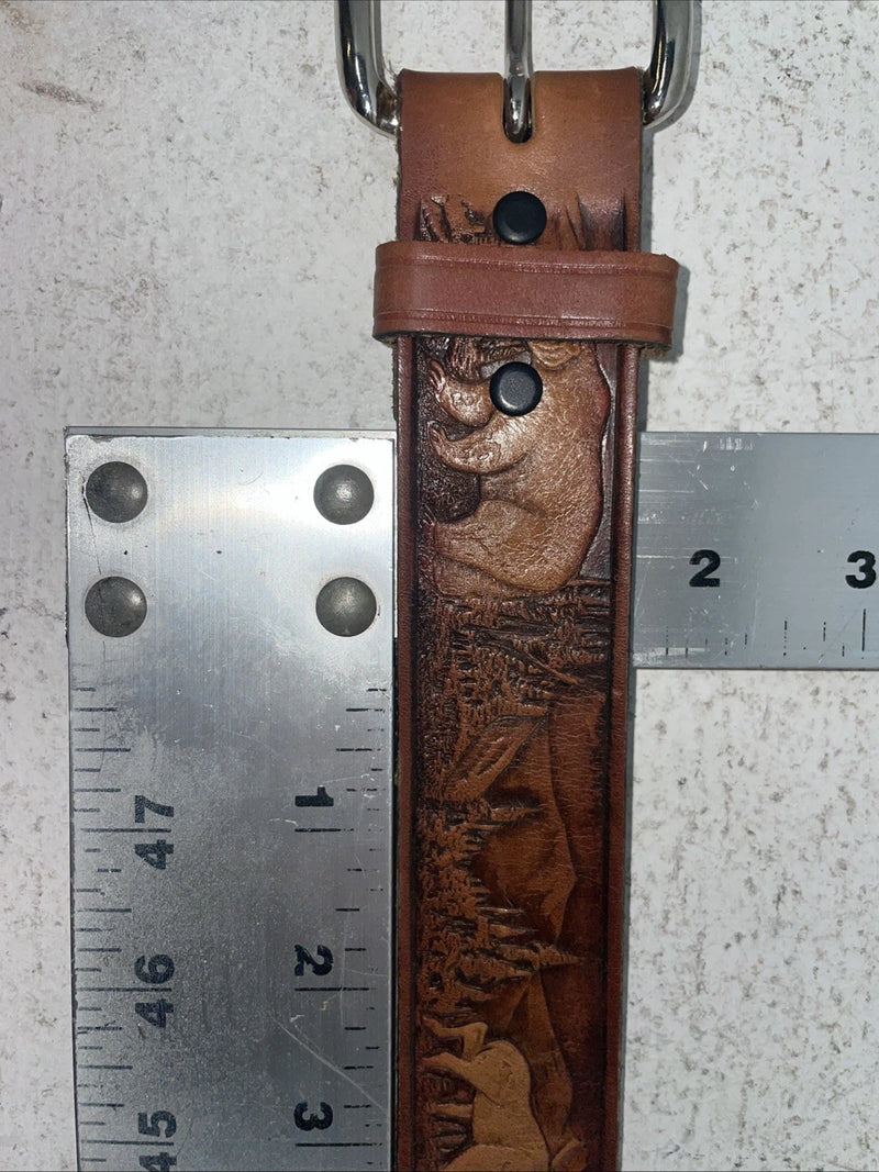 New Brown Genuine Leather Wildlife Tooled Belt 34” #6380 Z-7
