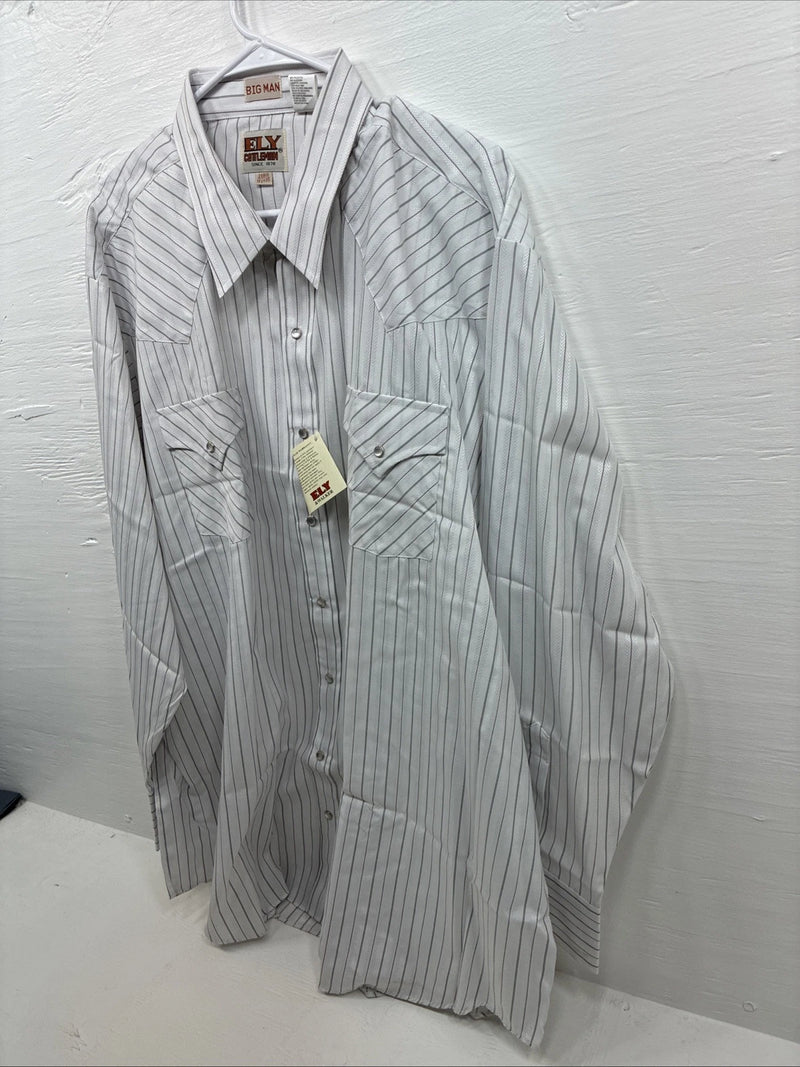 New Men’s ELY Cattleman White Stripe Long Sleeve Pearl Snap 18.5 X 35 2XL F-61