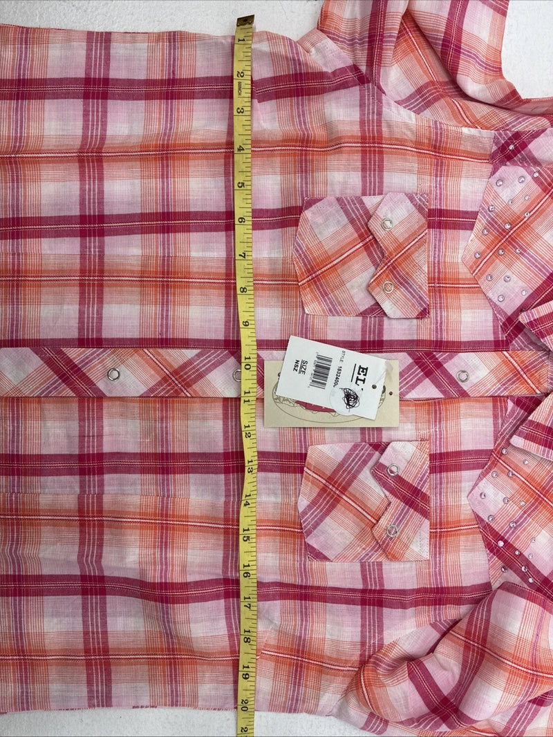 New Women’s Cumberland Pink Orange Plaid Long Sleeve Pearl Snap Large II-106