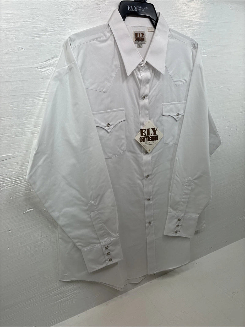 New Men’s ELY cattleman White Long Sleeve Pearl Snap 18.5 X 35 2XL H-36