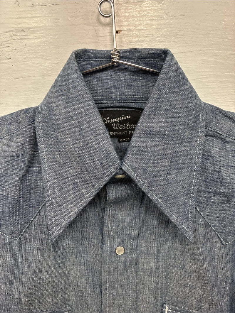 New Men’s Champion Western Blue Jean Long Sleeve Pearl Snap 14 Small AA-1