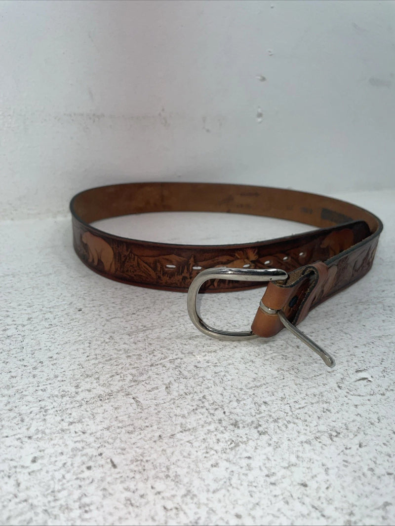 New Brown Genuine Leather Wildlife Tooled Belt 34” #6380 Z-7