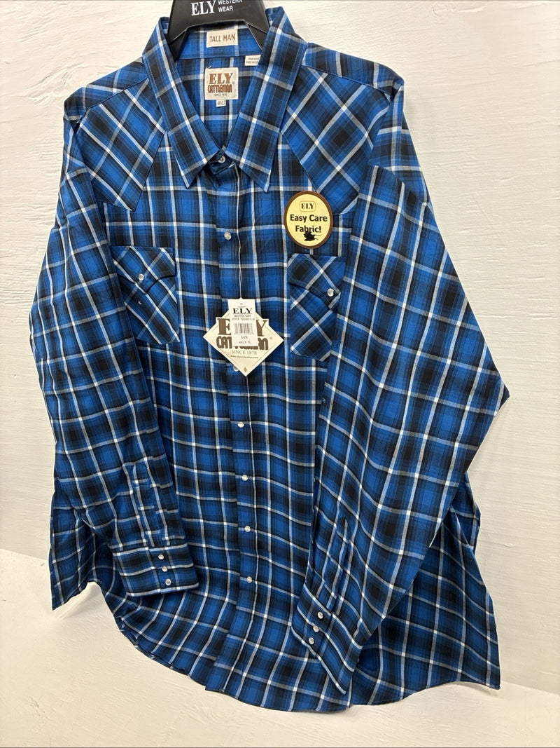 New Men’s ELY Cattleman Blue Flannel Long Sleeve Pearl Snap 4XL E-80
