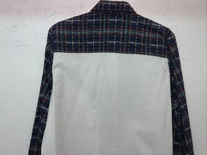 New Women’s Cowboy Threads White Navy Plaid Long Sleeve Button Up M #7906 3C-41