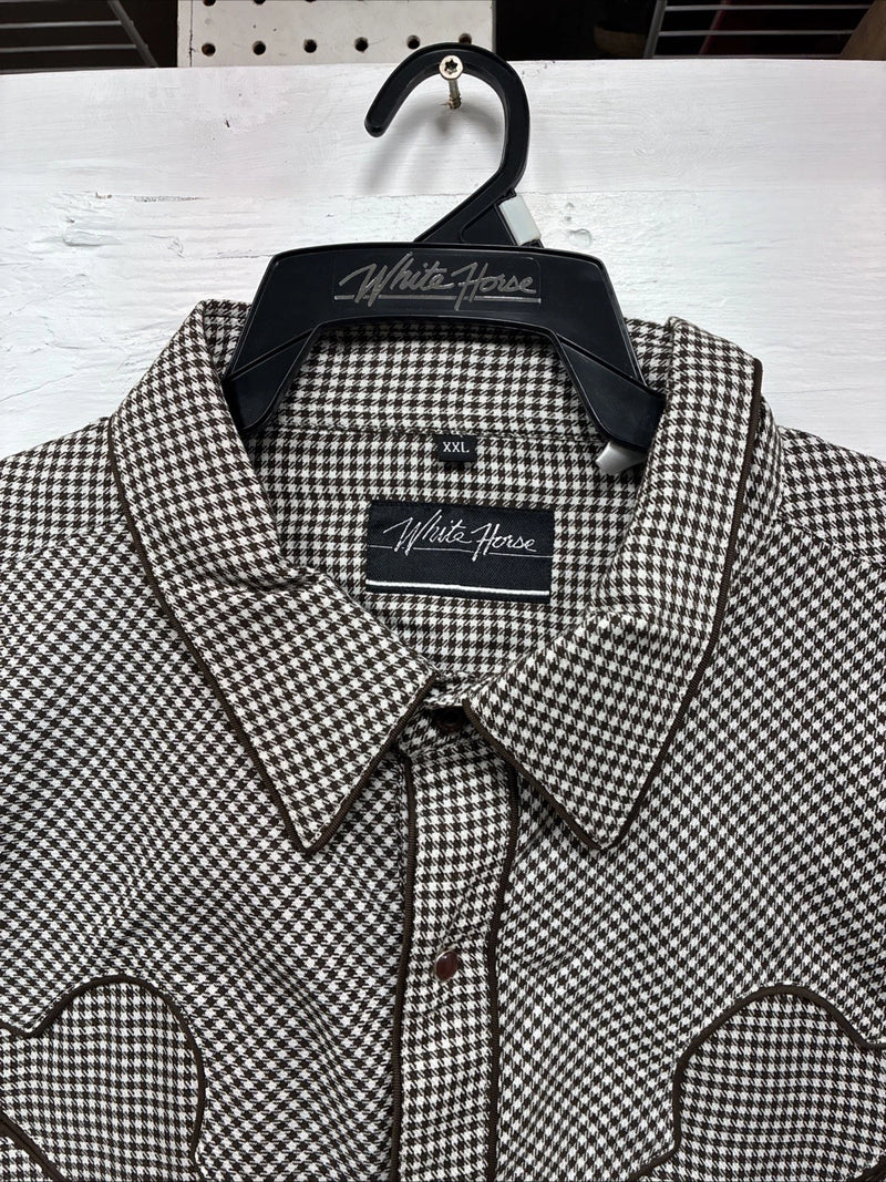New Men’s White Horse Brown White Checkered Long Sleeve Pearl Snap 2XL H-50