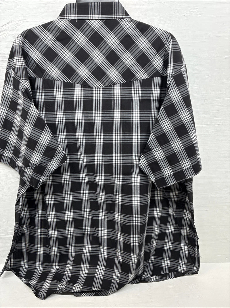 New Men’s ELY Cattleman Black White Flannel Short Sleeve Pearl Snap 4XL E-78