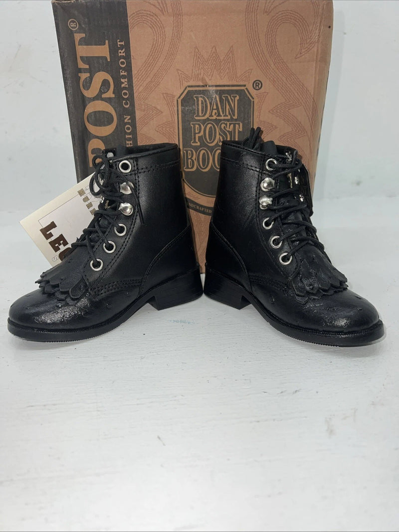 New Infant Dan Post Black Ostrich Print Lace Up Cowboy Boots. 4.5  4 1/2 D. 24-2