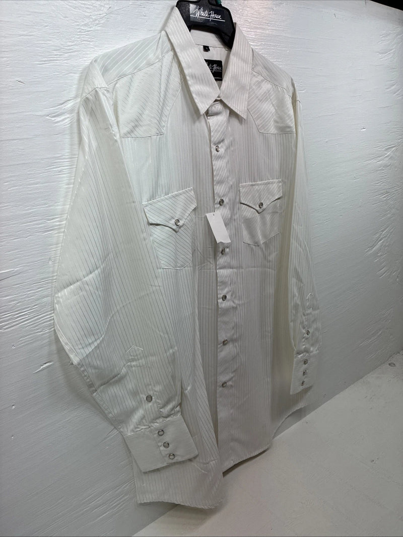 New Men’s White Horse White Stripe Design Long Sleeve Pearl Snap XL O-63
