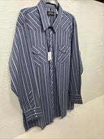 New Men’s White Horse Dark Blue Stripe Long Sleeve Pearl Snap 2XL H-46