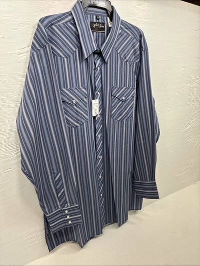 New Men’s White Horse Dark Blue Stripe Long Sleeve Pearl Snap 2XL H-46