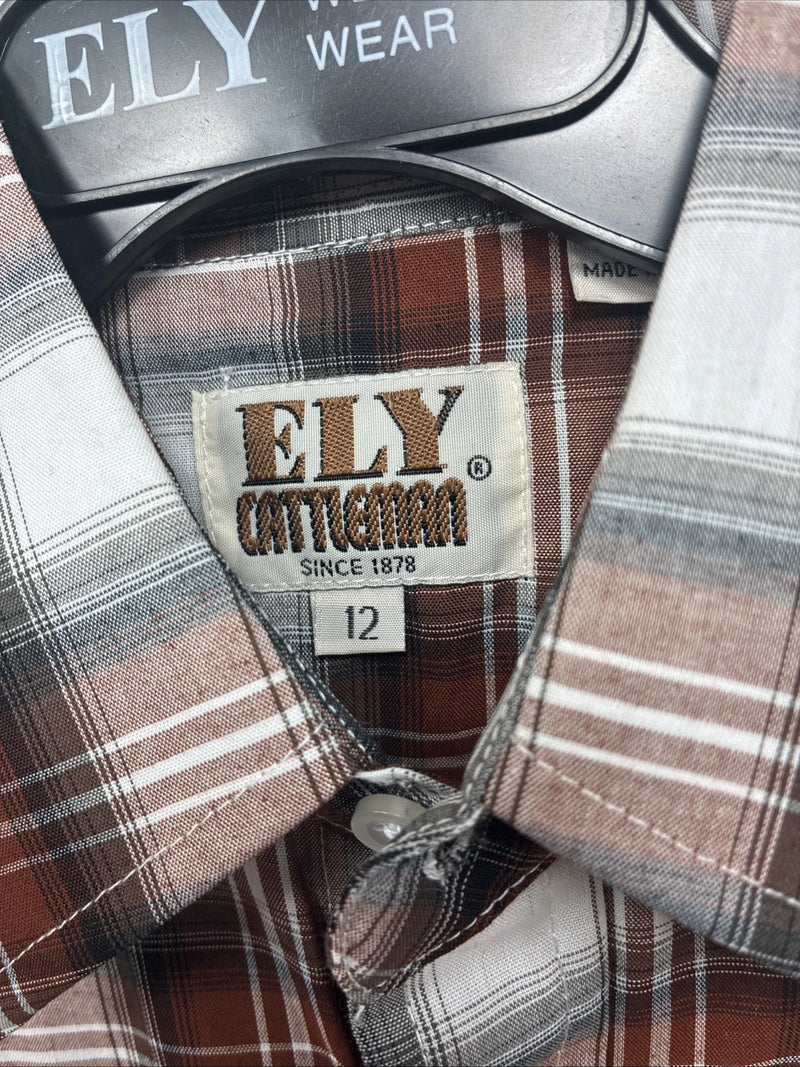 New Kids ELY Cattleman Orange Plaid Long Sleeve Pearl Snap Size 12 DD-37